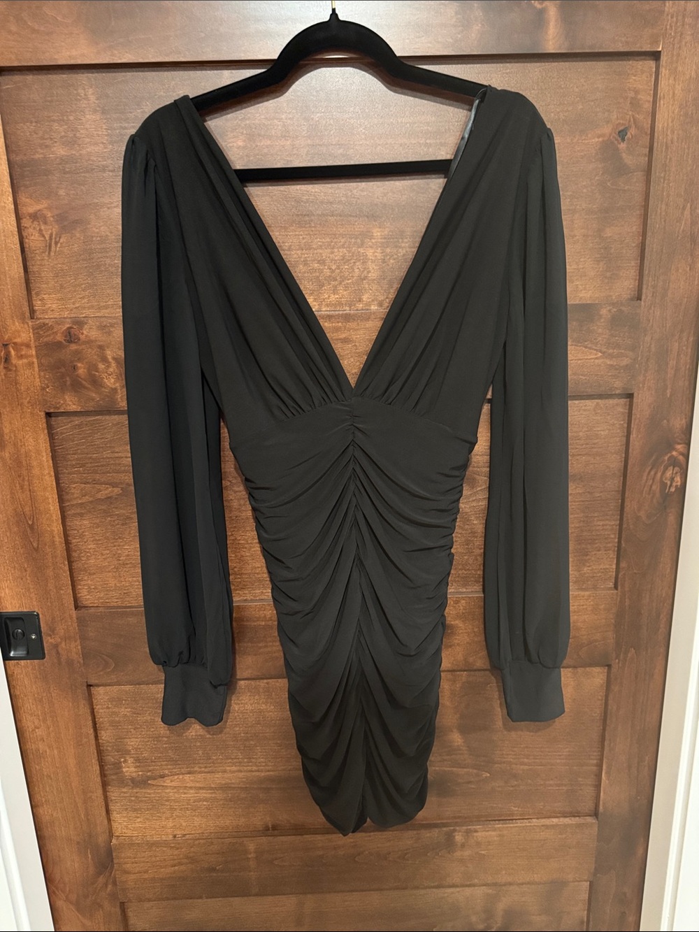 Windsor Black Long-Sleeve V-Neck Ruched Bodycon Dress